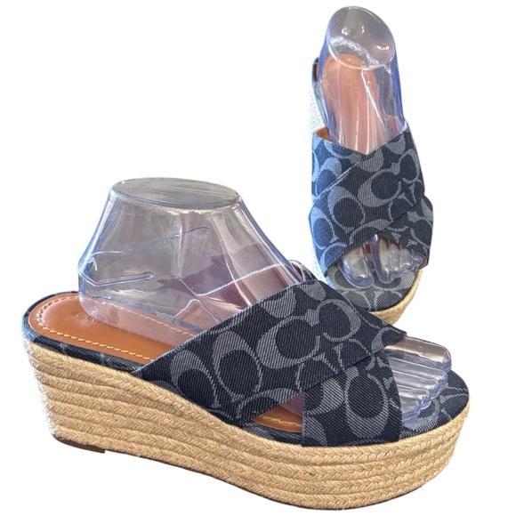 COACH-Denim Monogram Platform WEDGE 8.5/39 Espadrille-Sandal-Blue Style FG 2108 - Picture 11 of 11